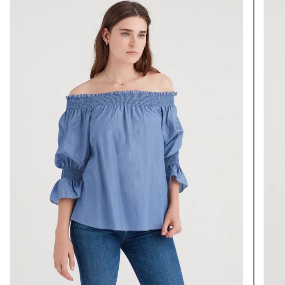 7 FOR ALL MANKIND Silk Off Shoulder Smock Top Blue Size XS Bohemian Cottagecore - Picture 13 of 14